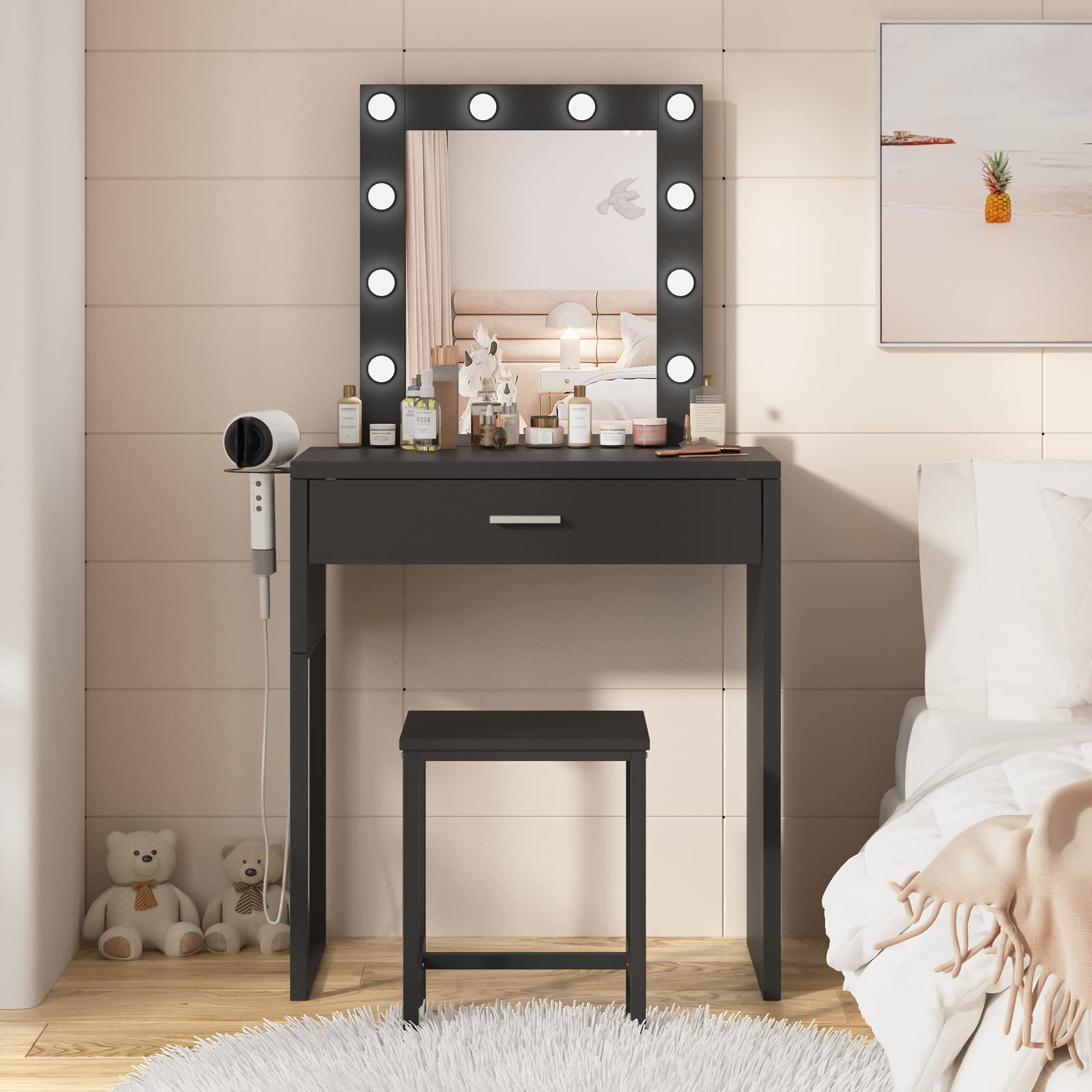 Veanerwood Makeup Vanity Desk with Lighted Mirror, Bedroom Vanity Table