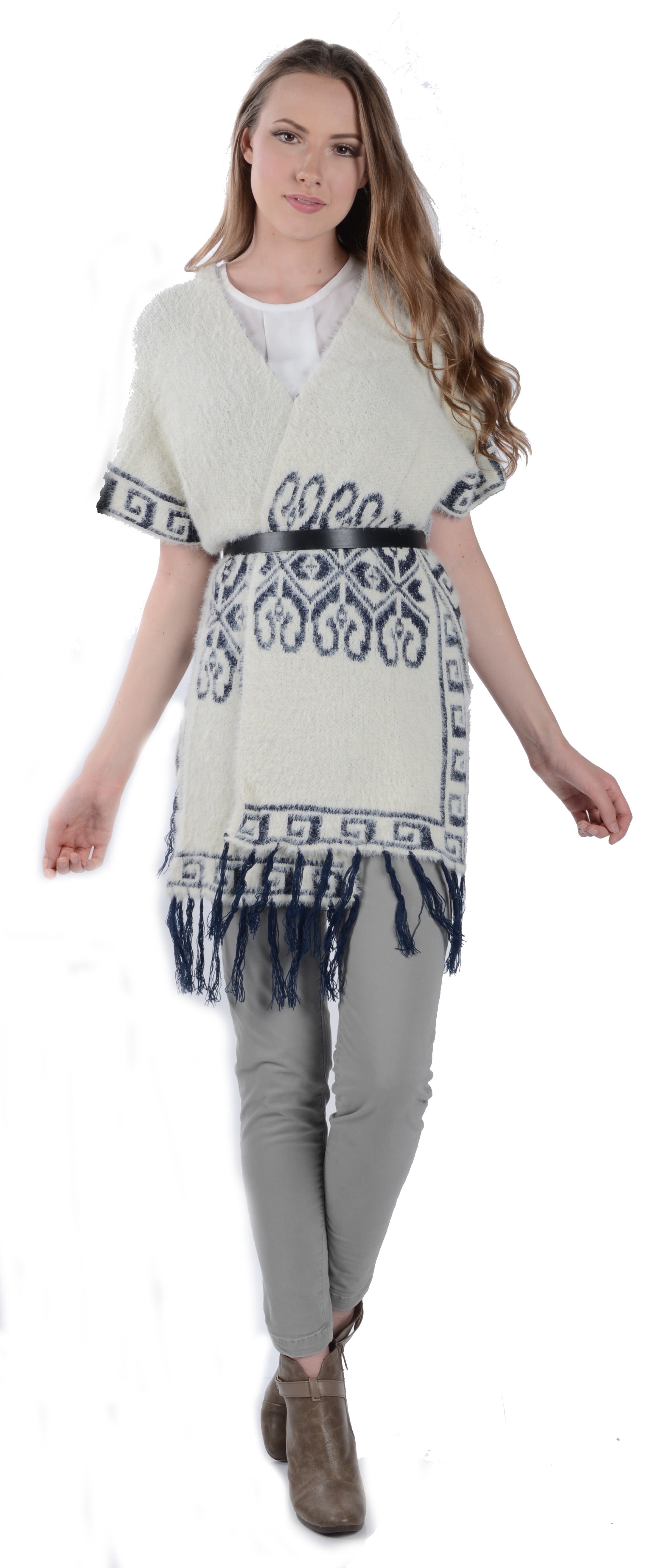 Women's Winter Knit Mayan Pattern Fringe Knit Poncho