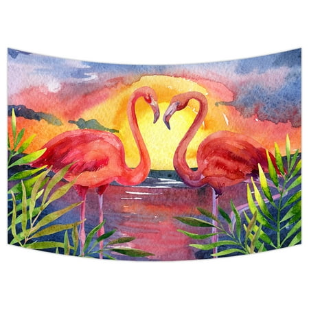 Palm Tree Beach Wall Hanging YKCG Tropical Sea Beach Palm Tree Sunset Pink Flamingo Wall Hanging Tapestry Wall Art 90x60 inches ()