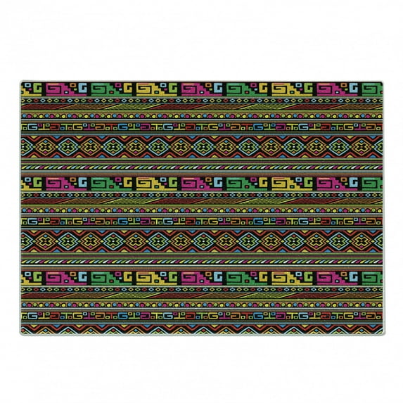 African Cutting Board, Ancestral Borders in Lively Colors Geometric Indigenous Culture Art Design, Decorative Tempered Glass Cutting and Serving Board, Small Size, Multicolor, by Ambesonne