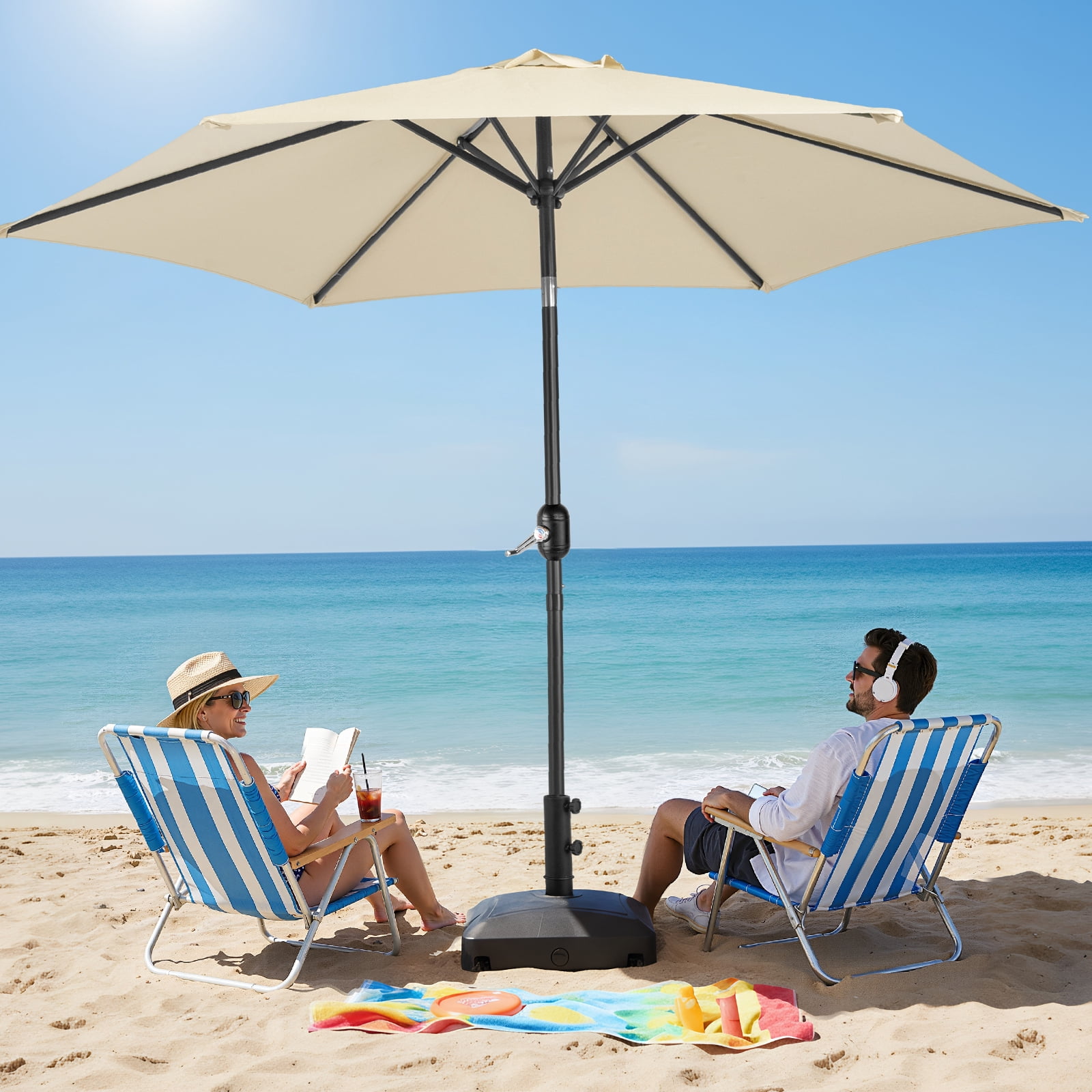 9ft Patio Umbrella, Beige Solution-Dyed Polyester Canopy with UPF 50+ Sun Protection, Crank Tilt & Wind Resistance