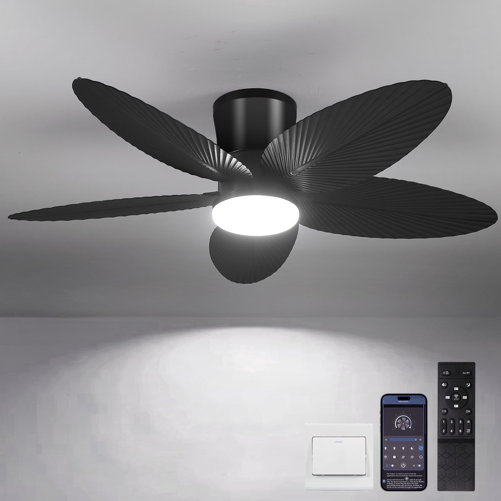 PHORUS 42'' Outdoor Ceiling Fan with Light and Remote,5 Palm Leaf Blades Ceiling Fan,Low Profile Tropical Energy Efficient Ceiling Fans for Outdoor,Indoor,Black