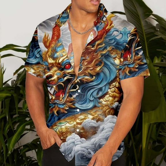 COSFO Blue Mens Button Up Shirts Collared Short Sleeve Dragon Casual Tops Regular Graphic Tees
