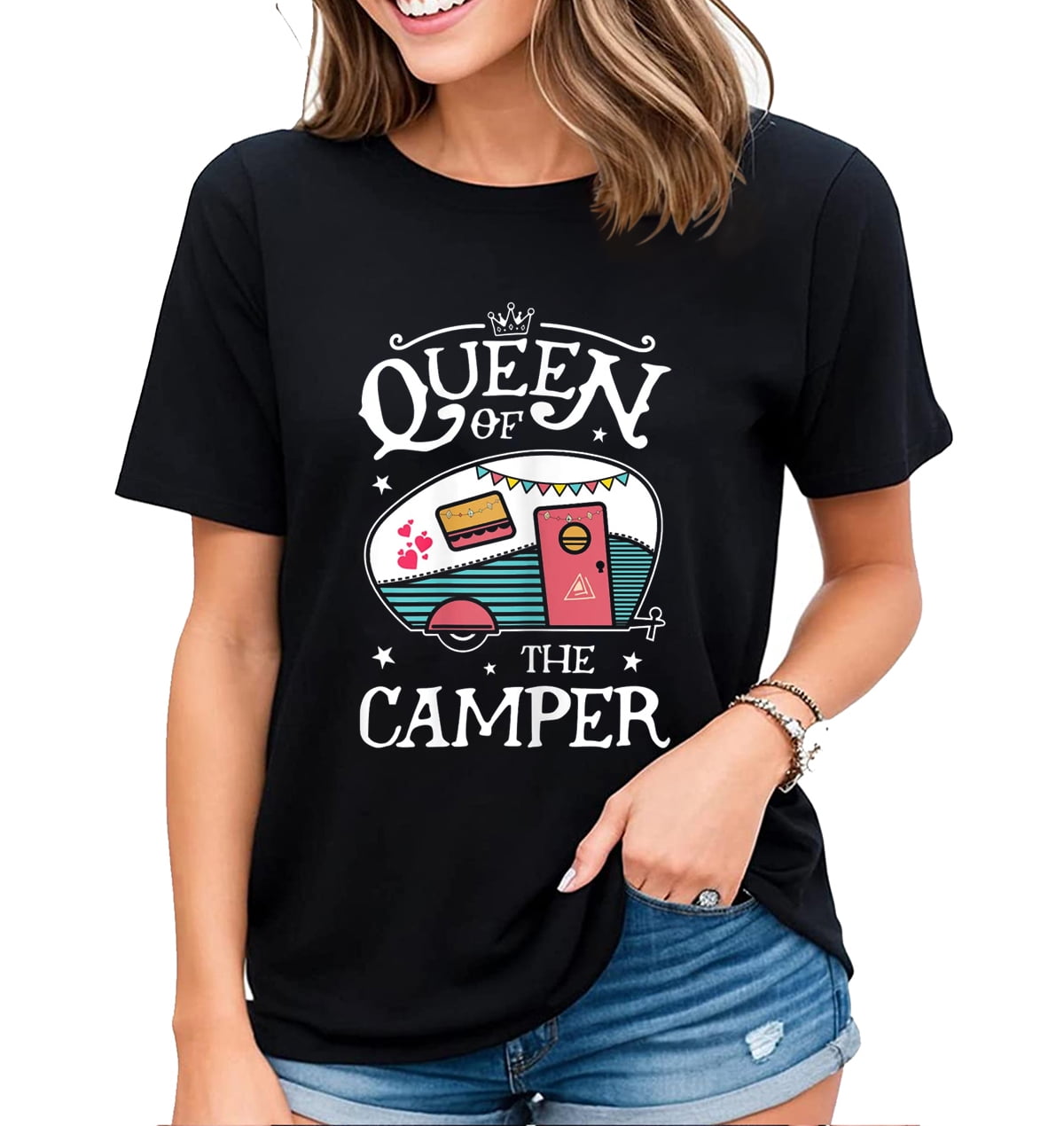 Queen Of The Camper Funny Camping Outdoor Women Girls RV TShirt Black
