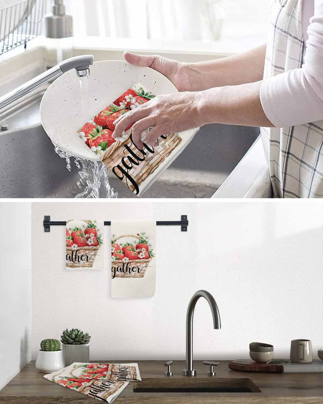 Strawberry Kitchen Dish Towels for Drying Dishes Set of 4, Summer Fruits Basket Botanical Floral Waffle Weave Microfiber Terry Hand Tea Bathroom Towels Quick Dry & Absorbent Towel 12x12