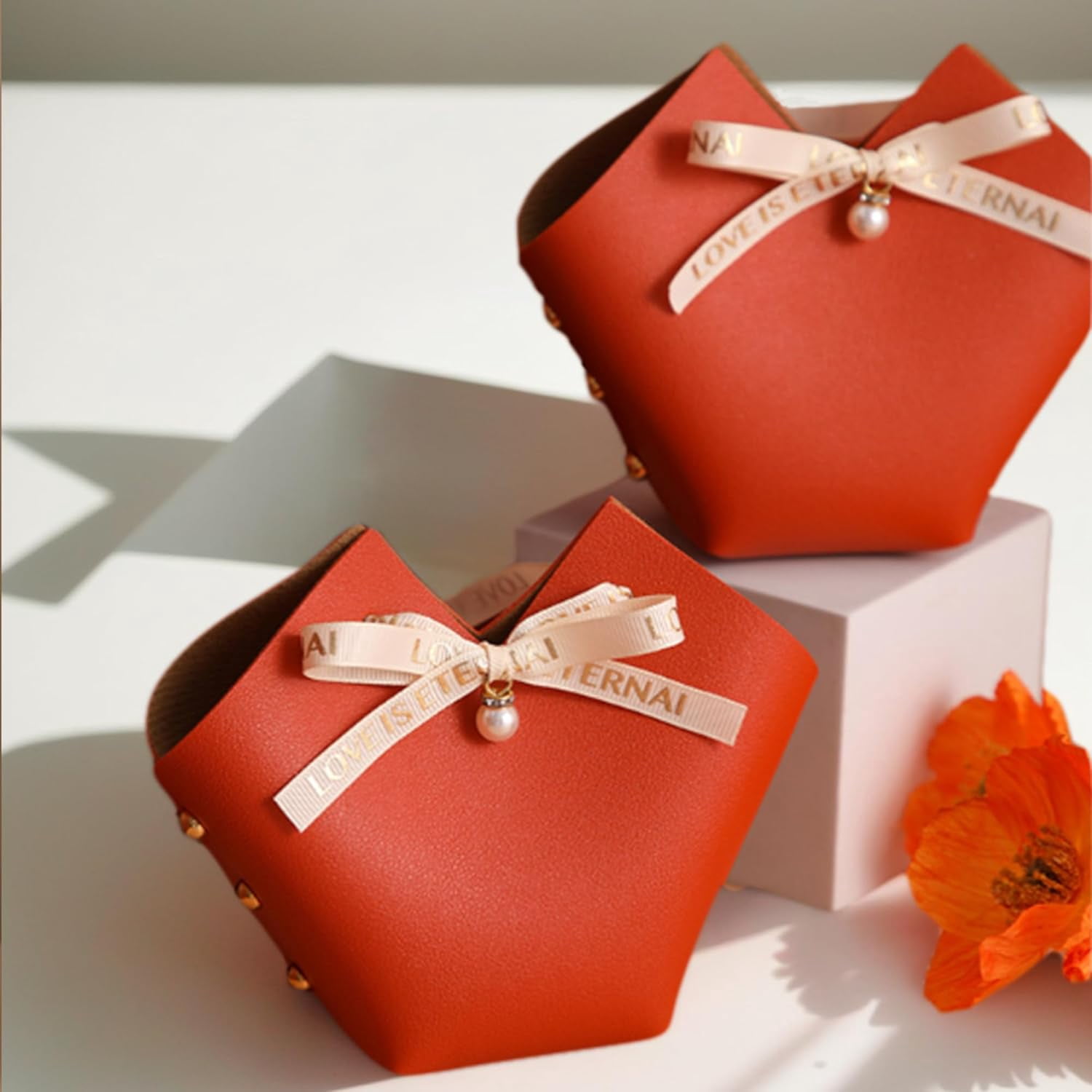 10 Pack Leather Bowknot Gift Boxes: Party Favor Bag Candy Gift Party Favor Boxes, Mini Gift Bags with Handles, Reusable Gift Bag for Baby Showers Wedding Christmas Party Valentines's Day (Orange)