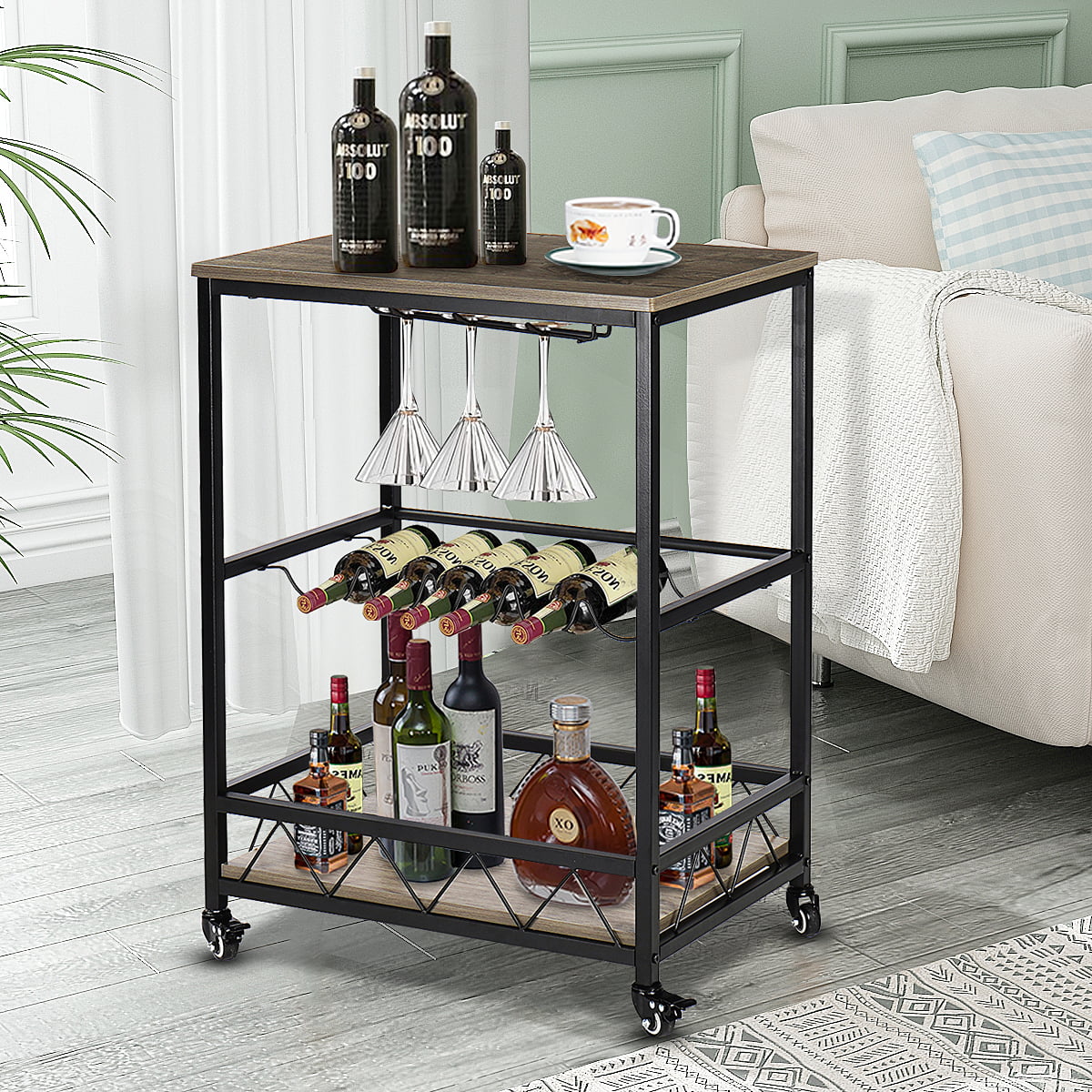 Industrial Bar Carts on Wheels with Wine Rack and Glass Holder Outdoor ...