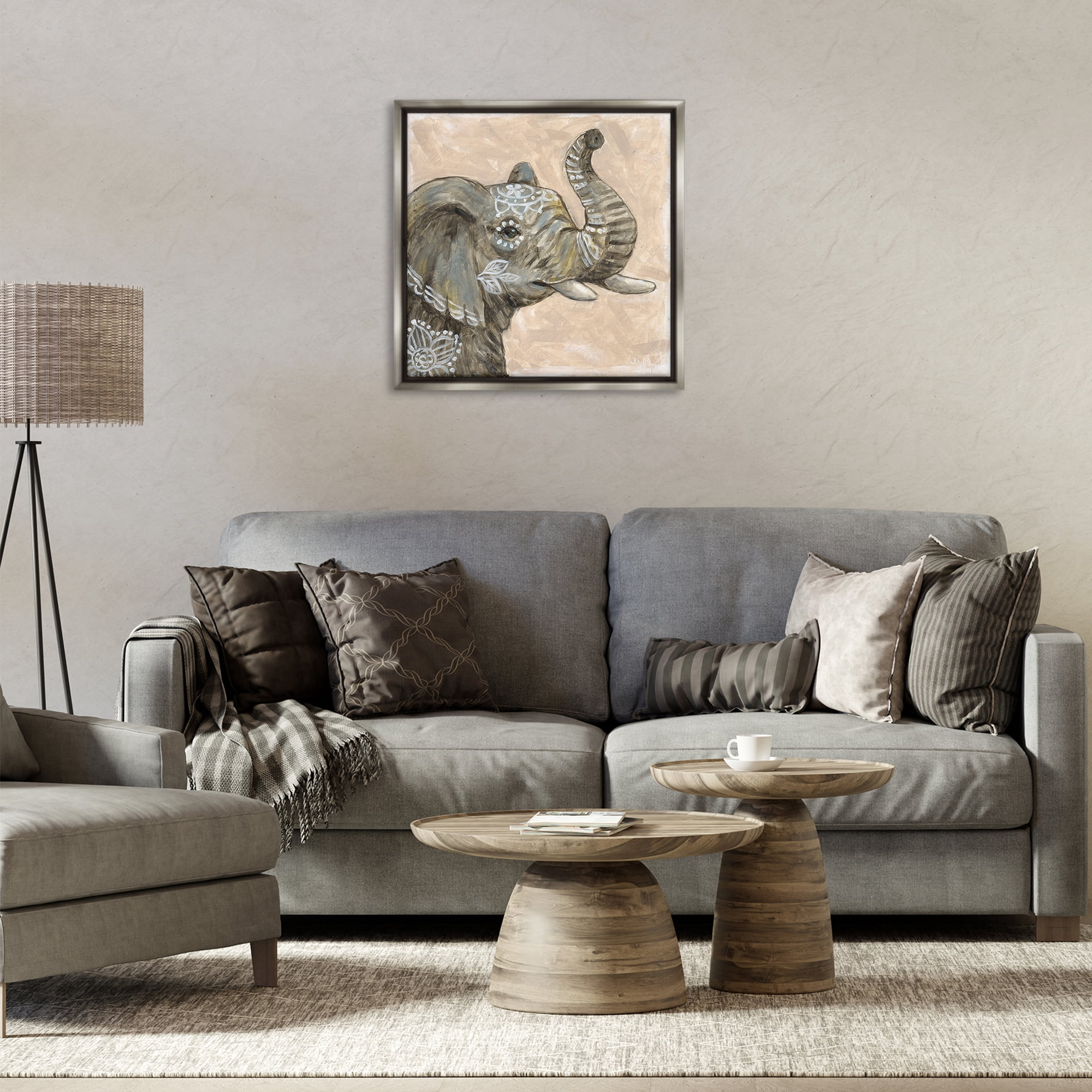 Stupell Industries Boho Patterned Elephant Animals Painting Gray Floater Framed Canvas Art Print Wall Art, 25 x 25
