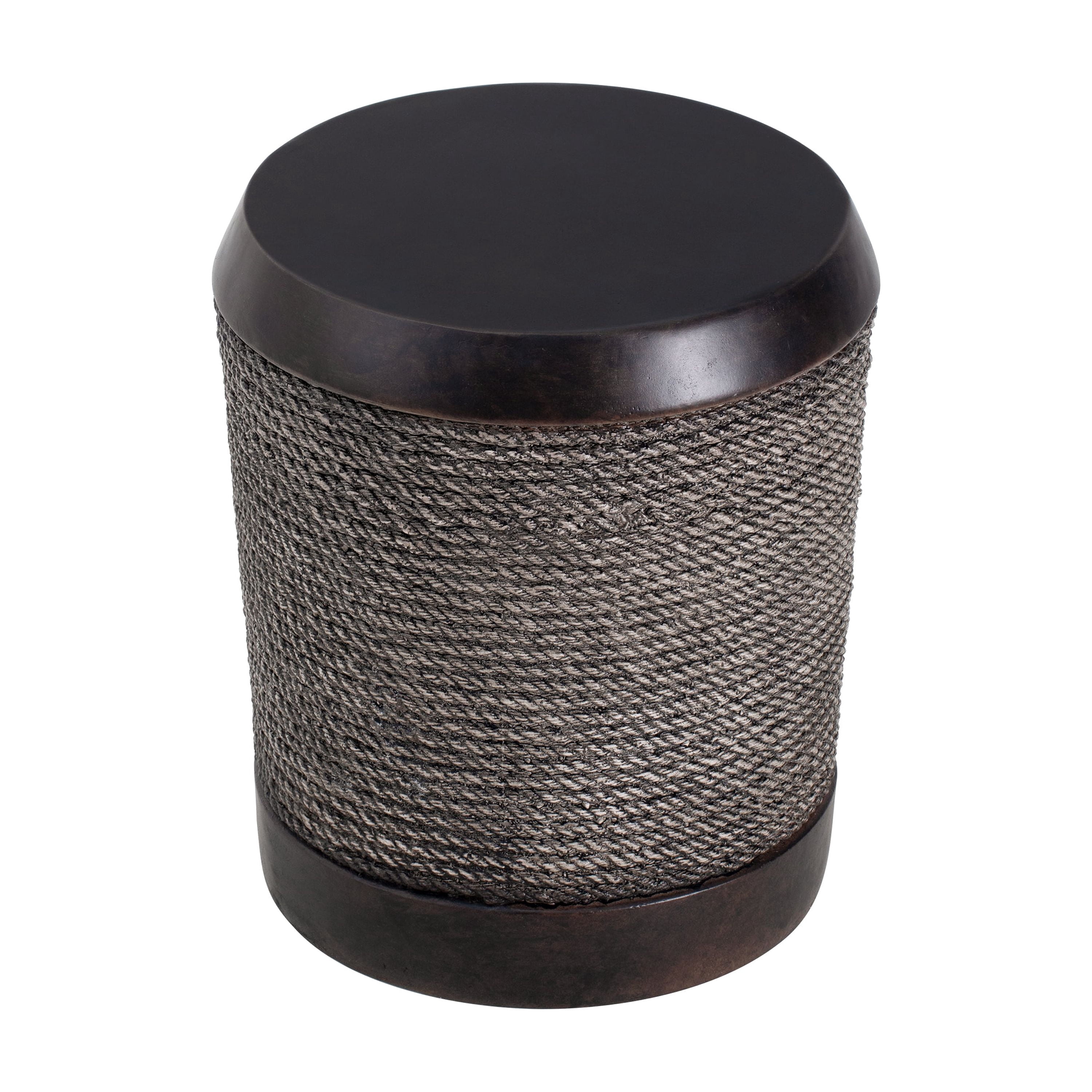Outdoor Dark Brown Side Table with Simulated Braided Cord & Vintage Trim, Retro Cylindrical End Table for Indoor Home Patio Balcony Decor