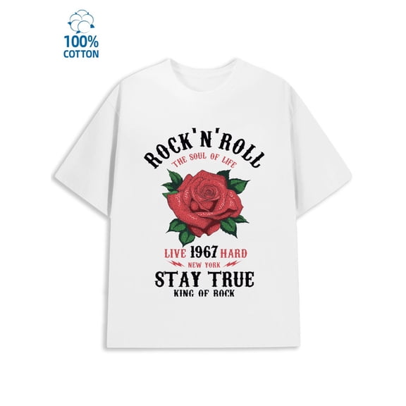 Rock'n'Roll Rose mens y2k 180G 100% Cotton white aesthetic baggy Fashion Unisex Shirt Cotton tshirts Classic Unisex Shirt Graphic tshirts Original Unisex Shirt Short Sleeve tshirts