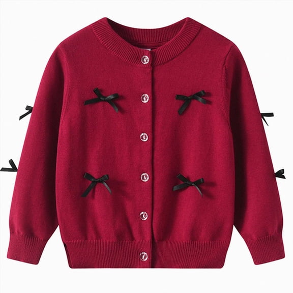mgoYE Girls Bow Sweater Cardigan Kids Button Long Sleeve Knitwear Lightweight Soft Coat School Comfortable Solid Color Size 9-10 Years