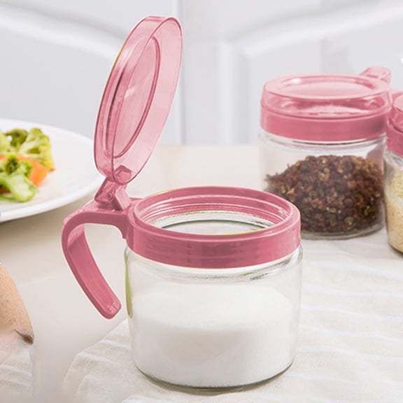 Nkmbld Spice Dispensers with Spoon Glass Mixing Seasoning Jar, Reusable Containers Jars for Spices Salt Herbs Powders, Pink