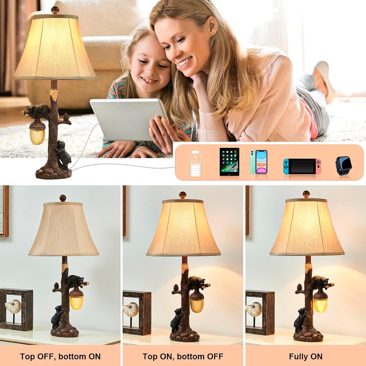 Findosom 2pcs 26" Vintage Table Lamp Set Touch Control Bedside Lamp with USB & USB-C Port, Bear Table Lamp with Nightlight DIY Linen Lampshade Nightstand Lamp for Living Room Bedroom Home Office