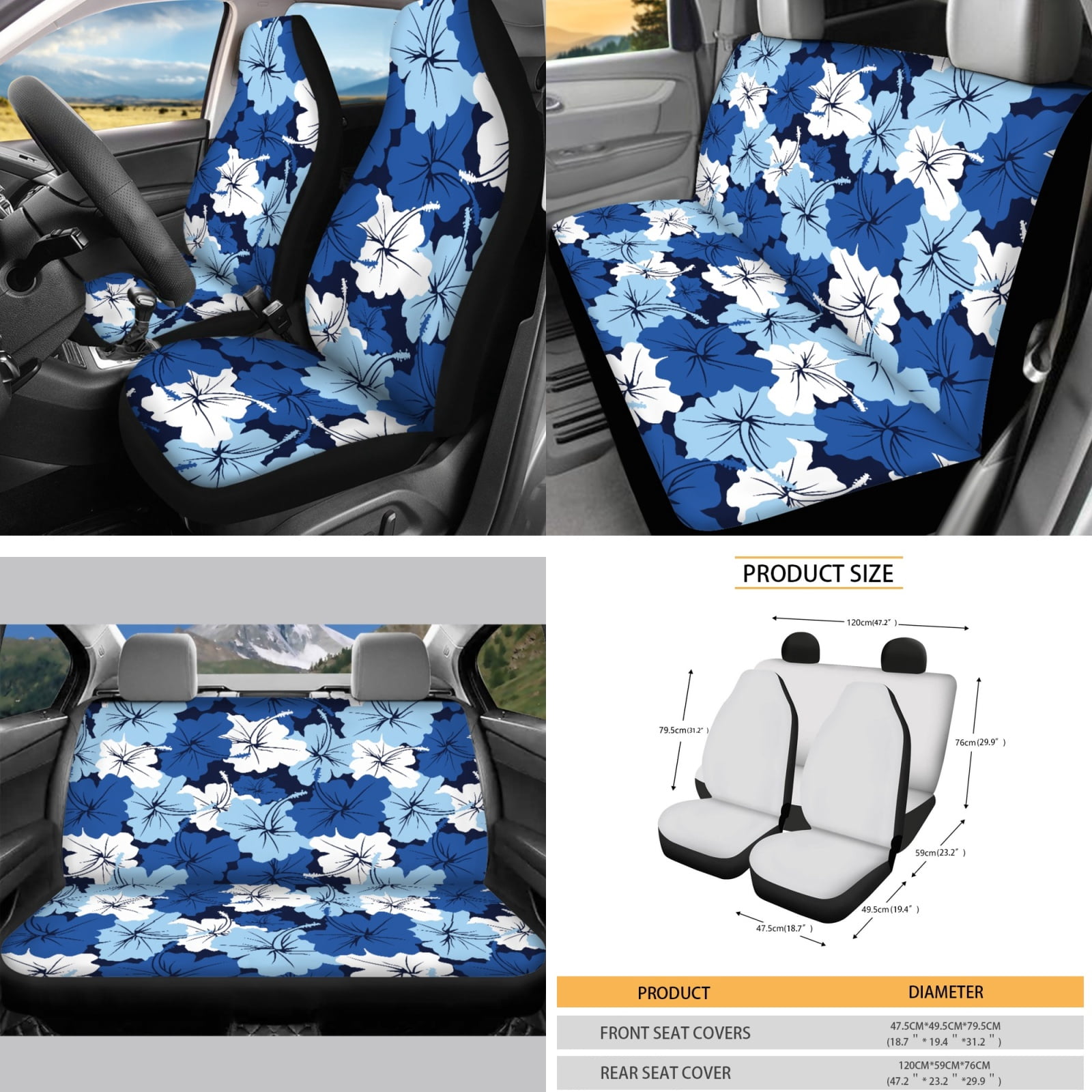 Yuyamidu Blue Hibiscus Car Seat Covers Full Set of 16 Flower Steering Wheel Cover Seatbelt Pads Coasters Sunshade Rear View Mirror Cover Key ChainGear Shift Cover Hand Brake Cover Universal Fit
