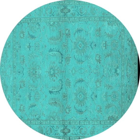 Ahgly Company Machine Washable Indoor Round Oriental Turquoise Blue Traditional Area Rugs, 4' Round