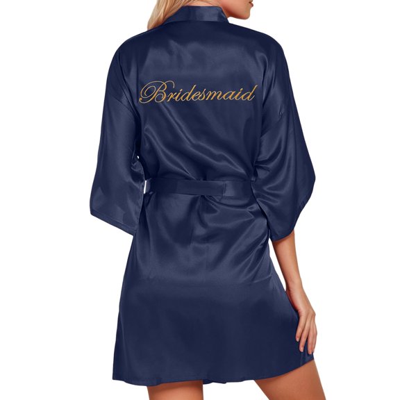 Women's Satin Robe Bride Bridesmaid Short Kimono Robes for Wedding Party Navy L