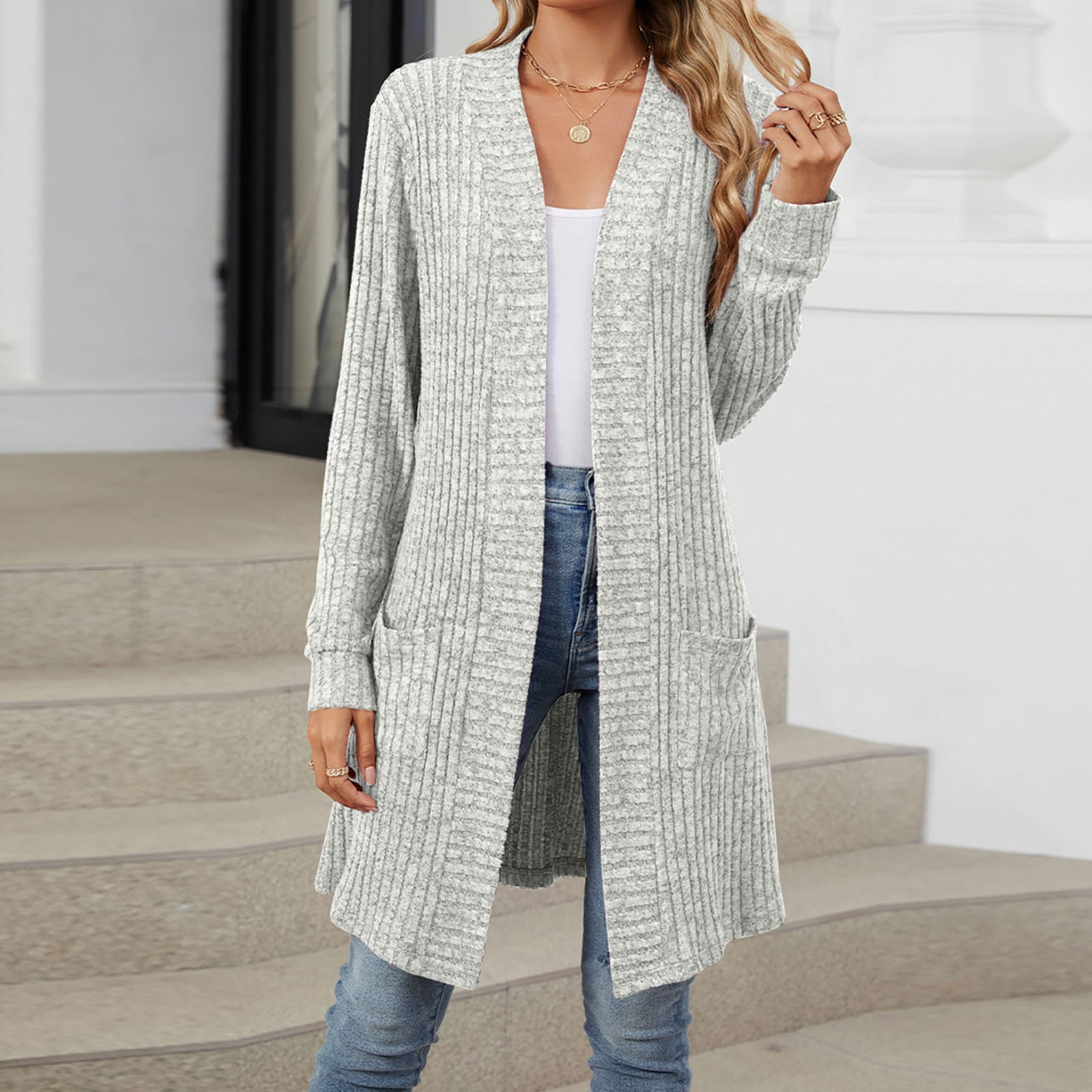 Fall Cameland Cardigan de Mode pour Femmes Cardigan à Rayures Brossées à Manches Longues Manteau pour Femmes