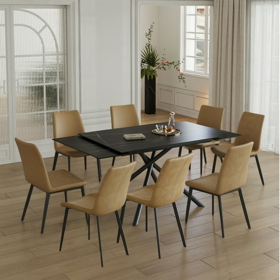 9-Piece Extendable Dining Table Set for 8, Sintered Stone Kitchen Table Set with PU Leather Chairs, 83" Spacious Table Top and Metal Frame for Home, Black