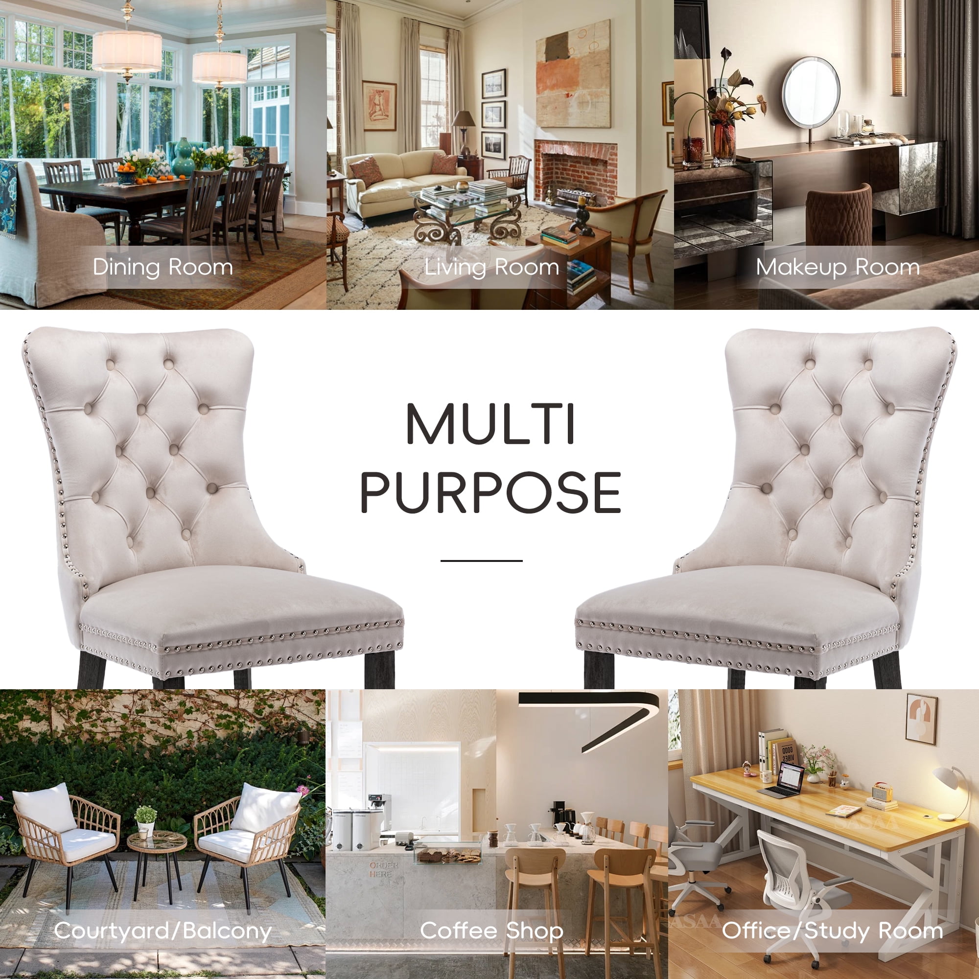 DONICK Velvet Upholstered Dining Chairs , Kitchen & Dining Room Chairs, Nailheads Tufted, Soft, Solid Wood Frame (Beige, Set of 2)