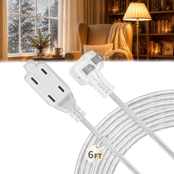 Clear Extension Cord, 3 Outlets, 6 FT, Flat Plug, 2 Prong