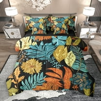 Manfei Tropical Plant Leaves 7pcs Bedding Comforter Set,Natural Botanical Queen Bedding Sets,Blue Orange Black Queen Sheet Sets For Adults,Microfiber Bedroom Decor Reversible