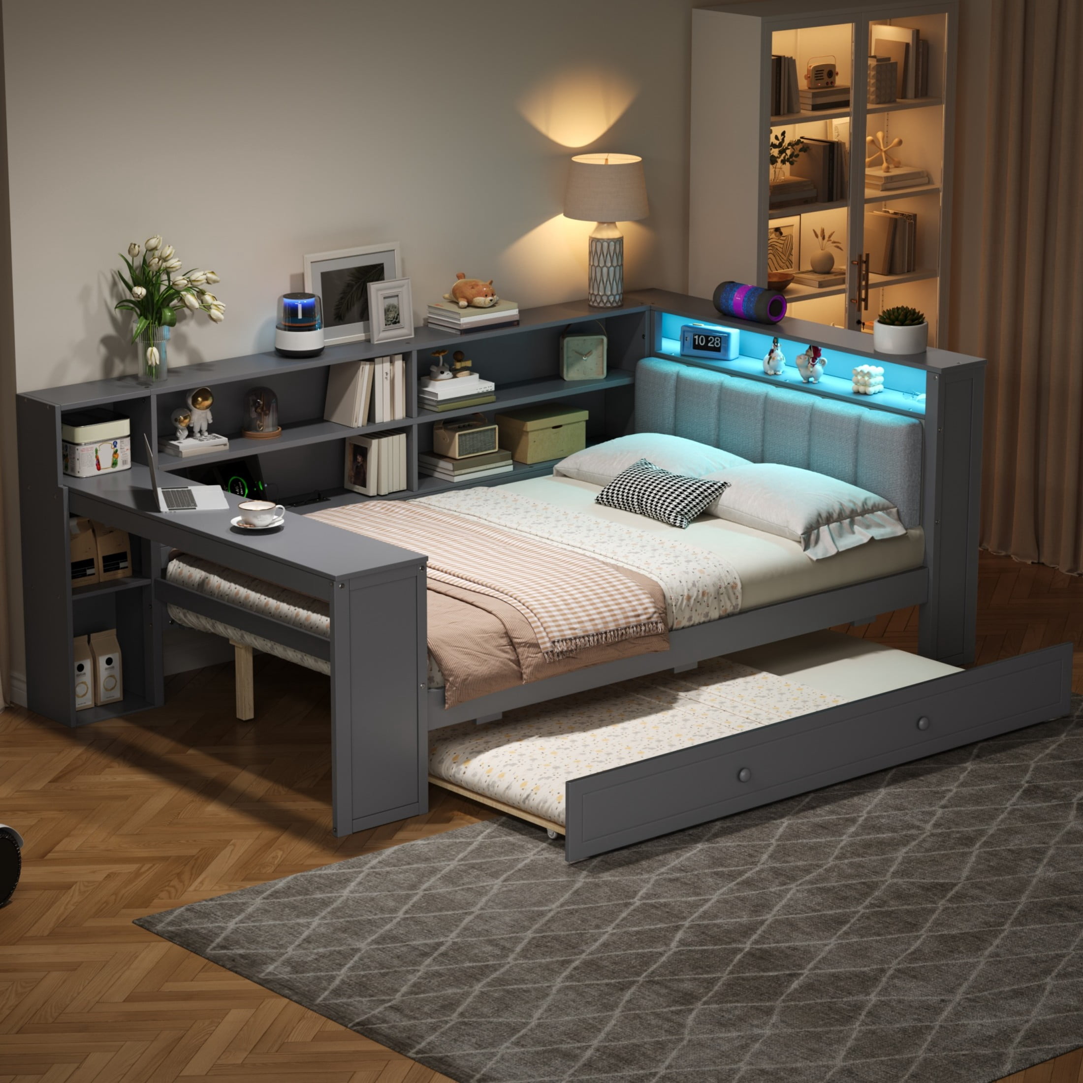 Noble House Full Platform Bed with Storage Shelves and Trundle, LED Desk and Integrated USB, Upholstered Headboard, Gray