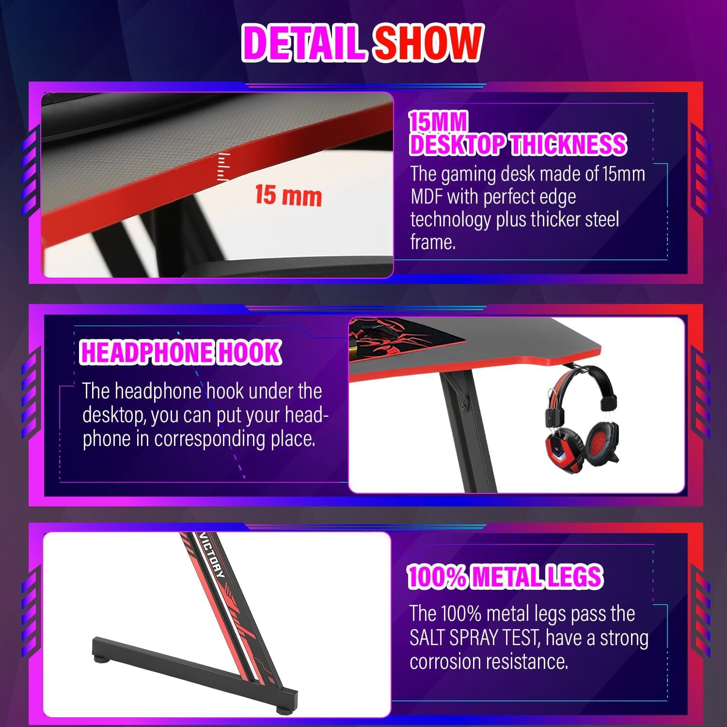 47 Inch Gaming Desk Z-Shaped Table with Headphone Hook & Carbon Fiber Surface - Ergonomic Computer Desk for Home Gaming, Office Work, Study，Black & Red