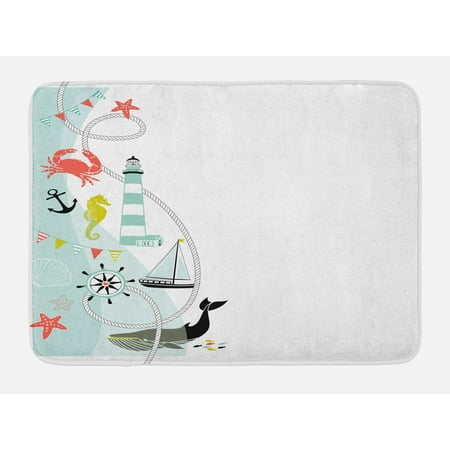 Lighthouse Bathroom Decor (Nautical Bath Mat, Ornate Border Design with Maritime Elements Animals Lighthouse Whale Anchor Wheel, Non-Slip Plush Mat Bathroom Kitchen Laundry Room Decor, 29.5 X 17.5 Inches, Multicolor,)