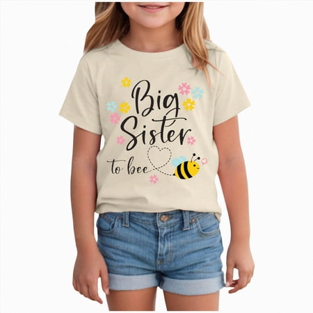 BOBOGOJP Big Sister Shirt Baby Girls Cotton T-Shirt Short Sleeve Tops Toddler Baby Announcement Tees Outfits Beige for Size 9-10 Years