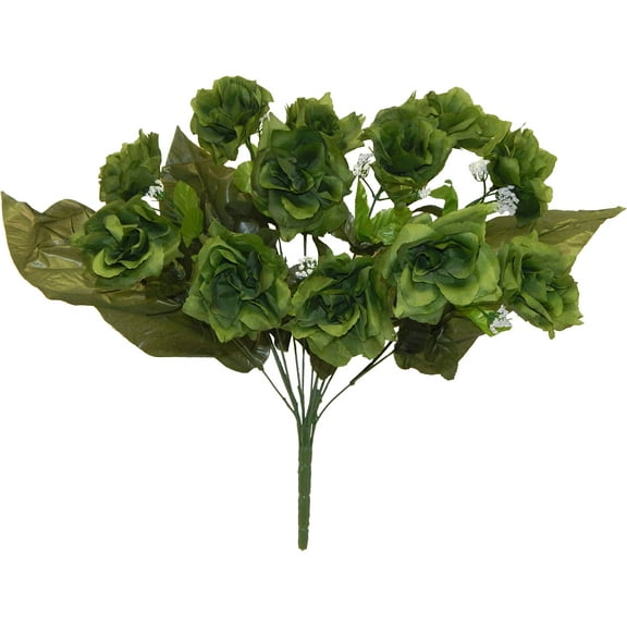 Myrtle Green Rose with Gypsophila 21in Artificial Polysilk Faux Fake Open Bloom Flower Bush for Craft Home Bouquet Arrangement Ceremony Wedding Arch Floral Wall Aisle Decor (Hunter Green, Set of 3)