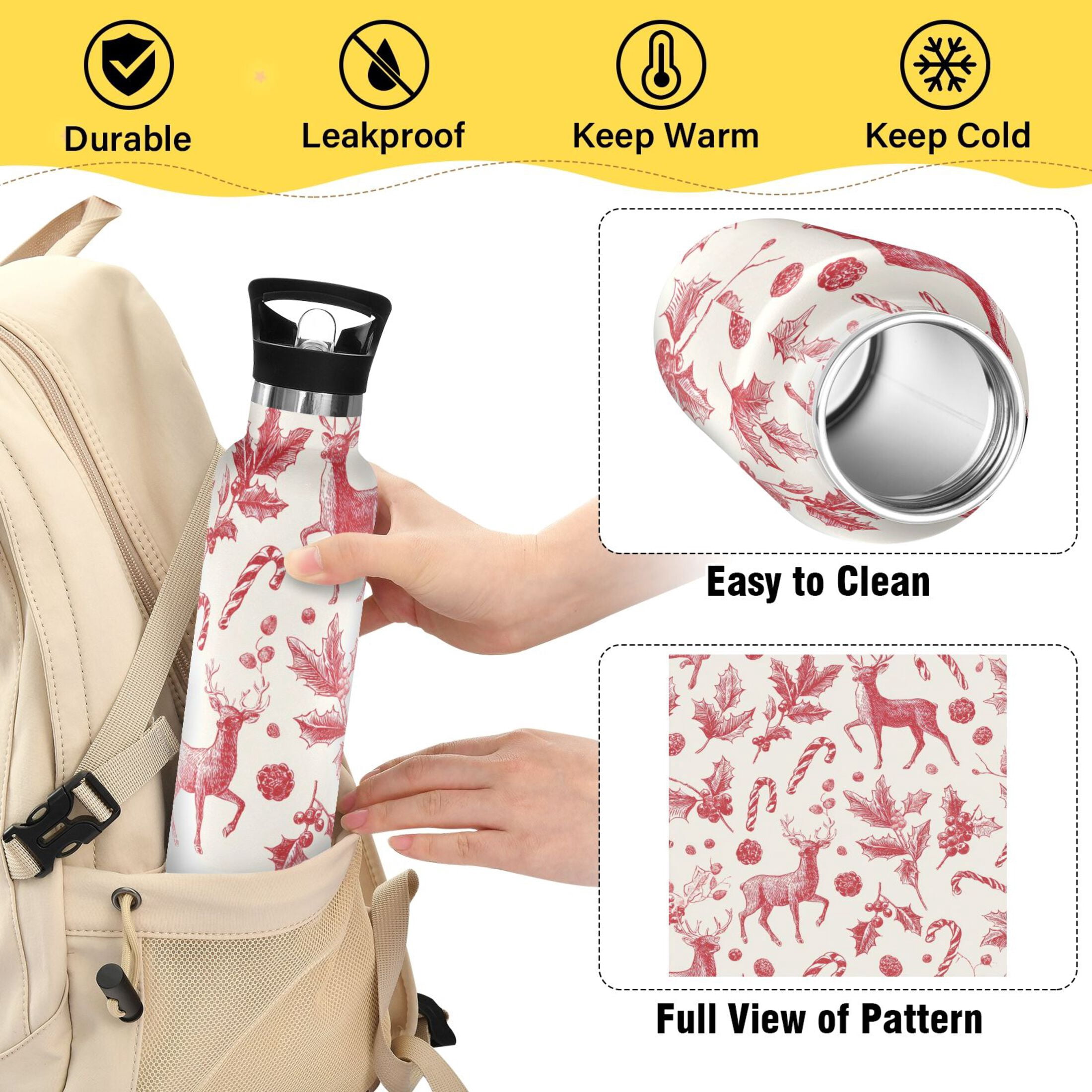 600ML Stainless Steel Insulated Cup Sports Water Bottle Portable Thermos Cup Water Glasses Insulated Tumblers Convenient and Durable Beautiful Christmas Deer Cute