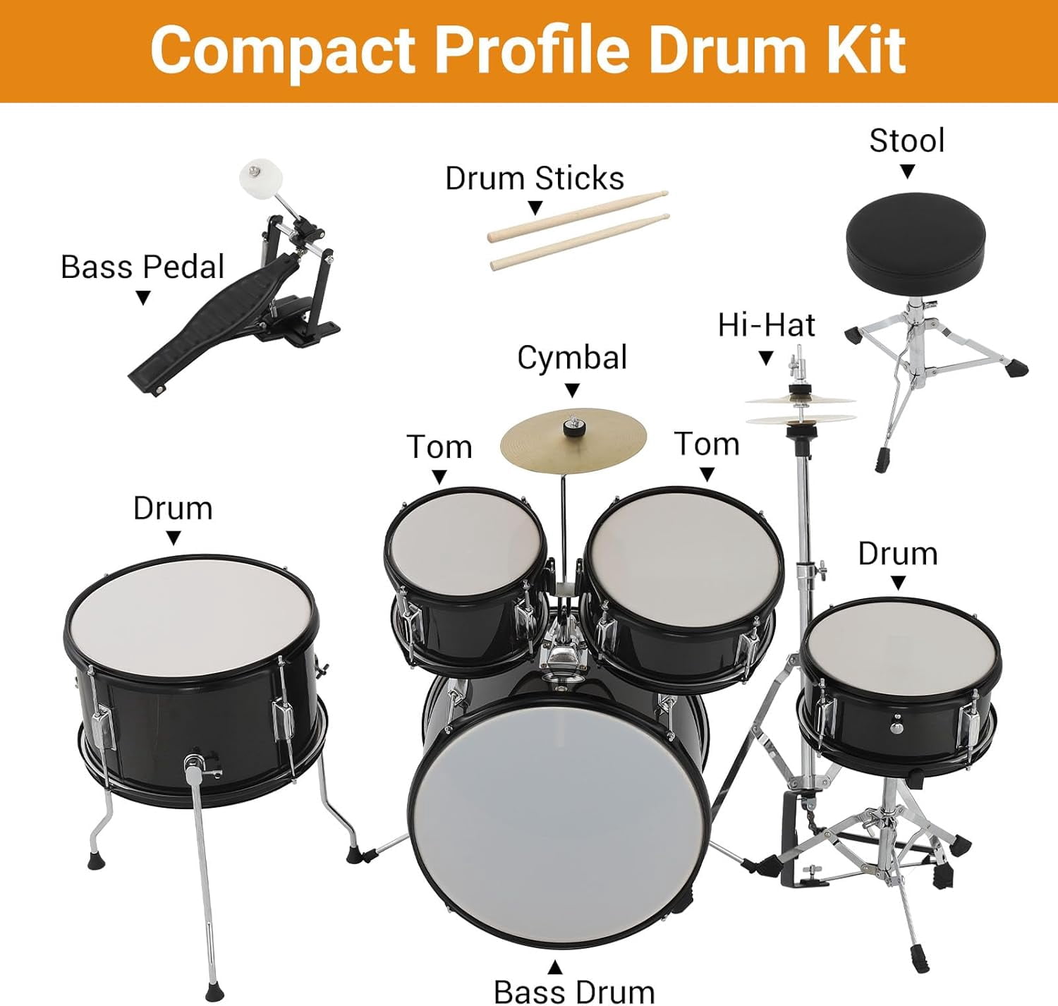 TEQIN Kids Drum Set,Junior Drum Kit,Drum Set for Musical Instruments,Full 16in Youth Drum Set With Bass Drum,Tom, Snare Drum,Hi-Hat,Cymbal and Drum Pedal for Beginner,5-Piece for Beginners