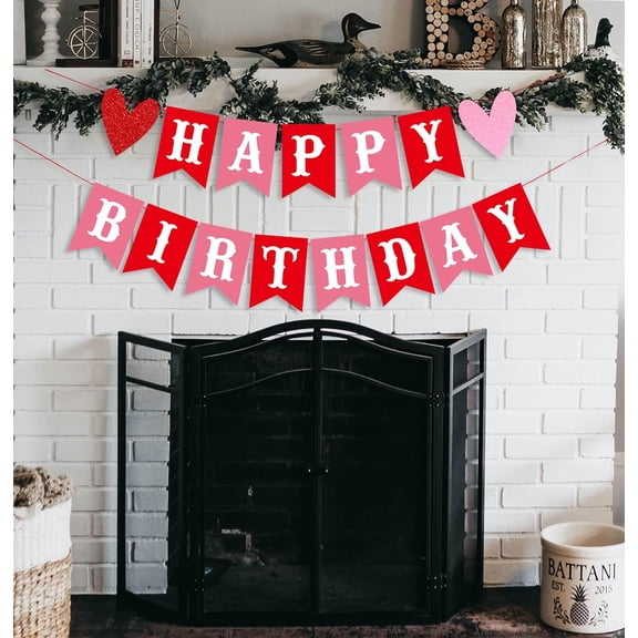 Happy Birthday Banner for Valentine's Day - Red Pink Themed With Glitter Heart Signs - Paper Banner for Home Wall Party Decorations