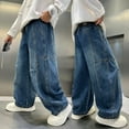 thumbnail image 6 of WMQPNNS Boy's Baggy Jeans Boys Jeans Size 14 Elastic Waist Pull On Denim Pants Classic Straight Wide Leg Jeans for Kids Casual Y2K Streetwear(Size 11-12 Years, Blue-3), 6 of 7
