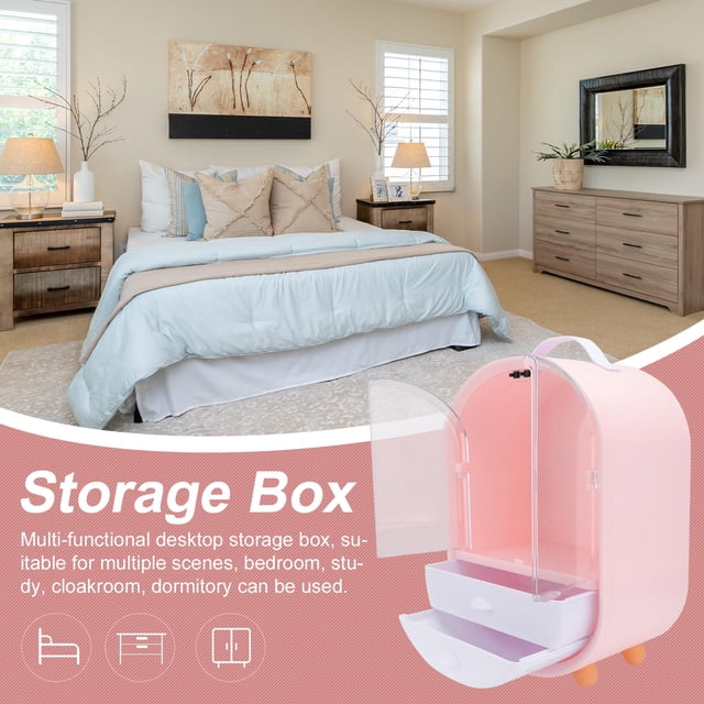 ADDHAT 1Ud Organizador De Cosméticos Con Doble Puerta Y Cajón Para Escritorio En Color Rosa