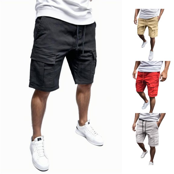 Trendfront Mens Solid Color Cargo Shorts Relaxed Fit Elastic Drawstring Waist Multi Pocket Knee Length Utility Bottoms