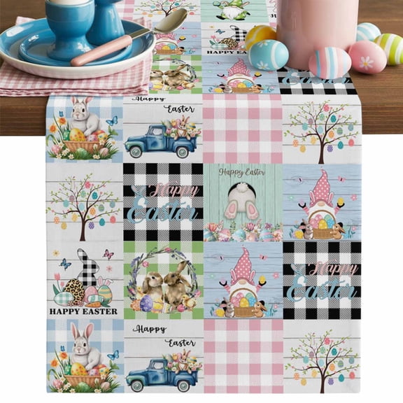Easter Table Runner, Rabbits Eggs Dwarf Truck Tree Butterfly Plaid Cotton Linen Kitchen Table Decoration Washable Dining Tabletop Runners for Home Party Decor 13x36 Inches