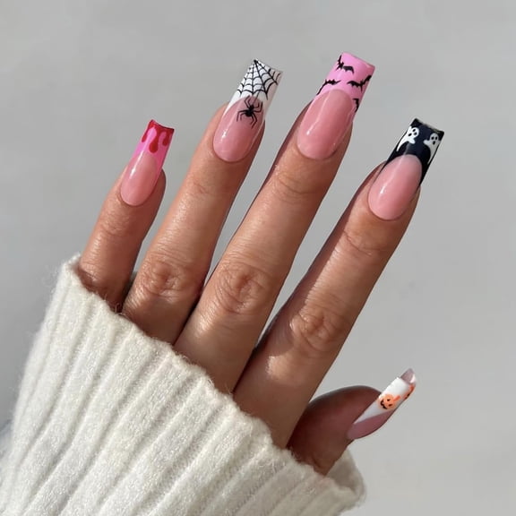 French Tip Press on Nails Long Coffin Halloween Fake Nails with Bat Spider Web and Ghost French Nail Tips Designs Nude Pink Full Cover Glue on Nails Glossy False Nails for Women and Girls 24Pcs Style