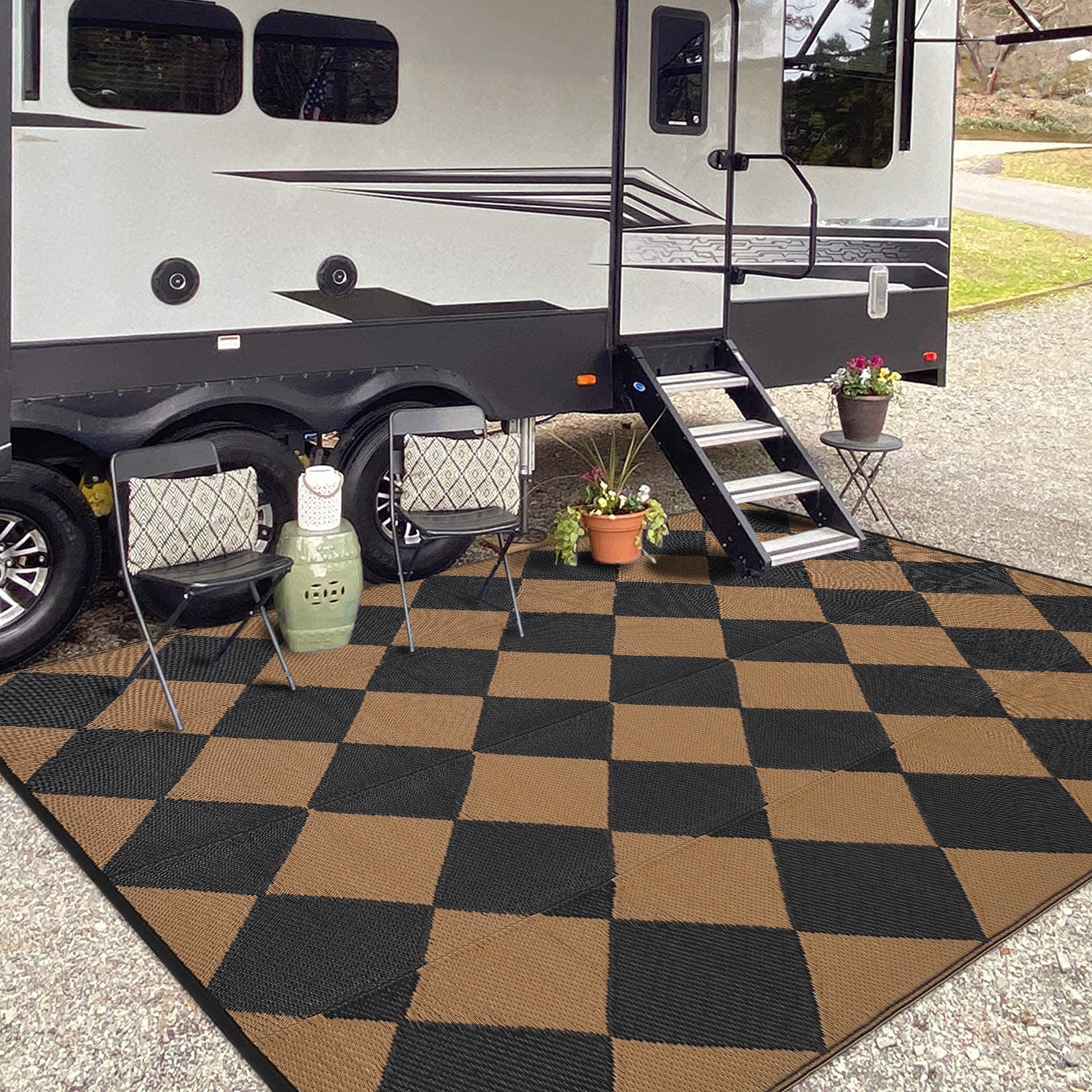 Twister.CK Outdoor Rug 9'x18' Waterproof Patio Rug, Reversible Lightweight Plastic Carpet for Deck Balcony Porch Decor, Black and Brown