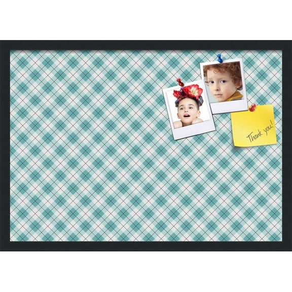 PinPix ArtToFrames 25x17 Custom Cork Bulletin Board Argyle Turquoise Poster Board Has a Fabric Style Canvas Finish, Framed in Satin Black (PinPix-648)