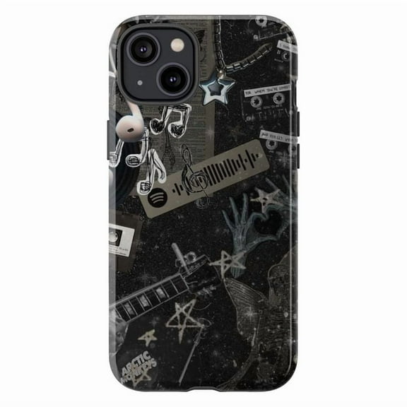 Retro Music Vibes Phone Case, Vintage Cassette Tape & Guitar Rock Band Design Protective Cover for iPhone 16 15 14 13 12 11 Pro Max Plus Mini