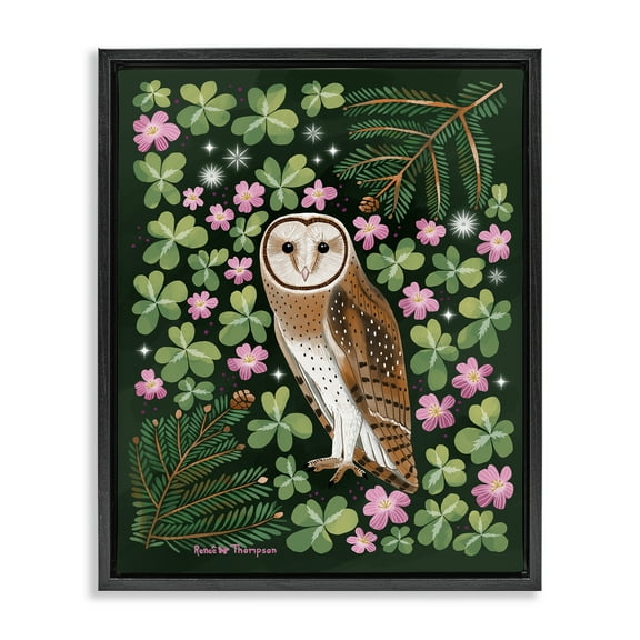 Stupell Industries Barn Owl & Botanicals Animals Painting Black Floater Framed Canvas Art Print Wall Art, 17 x 21