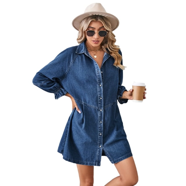 Qudderr Robe en Jean pour Femmes Robe Chemise à Boutons pour Femmes Robe en Jean à Manches Longues Patchwork pour Printemps Automne P-TG