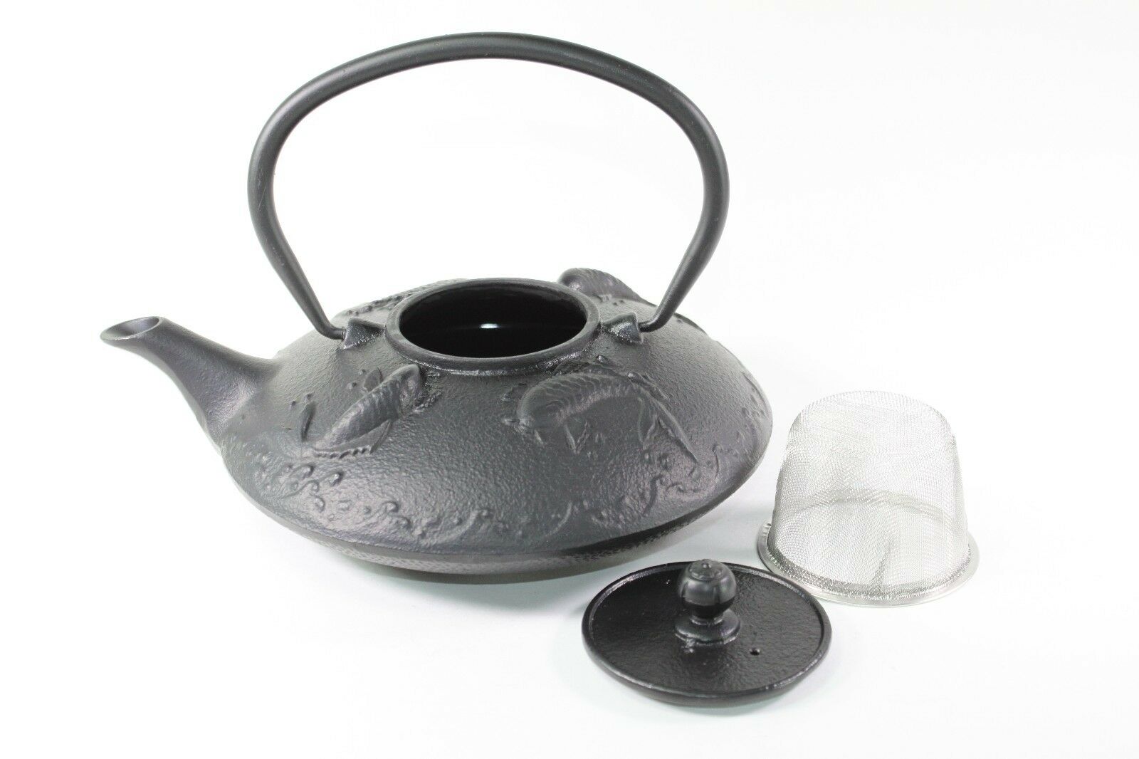 24 fl oz Black Fancy Carp Fish (Koi) Japanese Cast Iron Teapot + Infuser Filter F15591