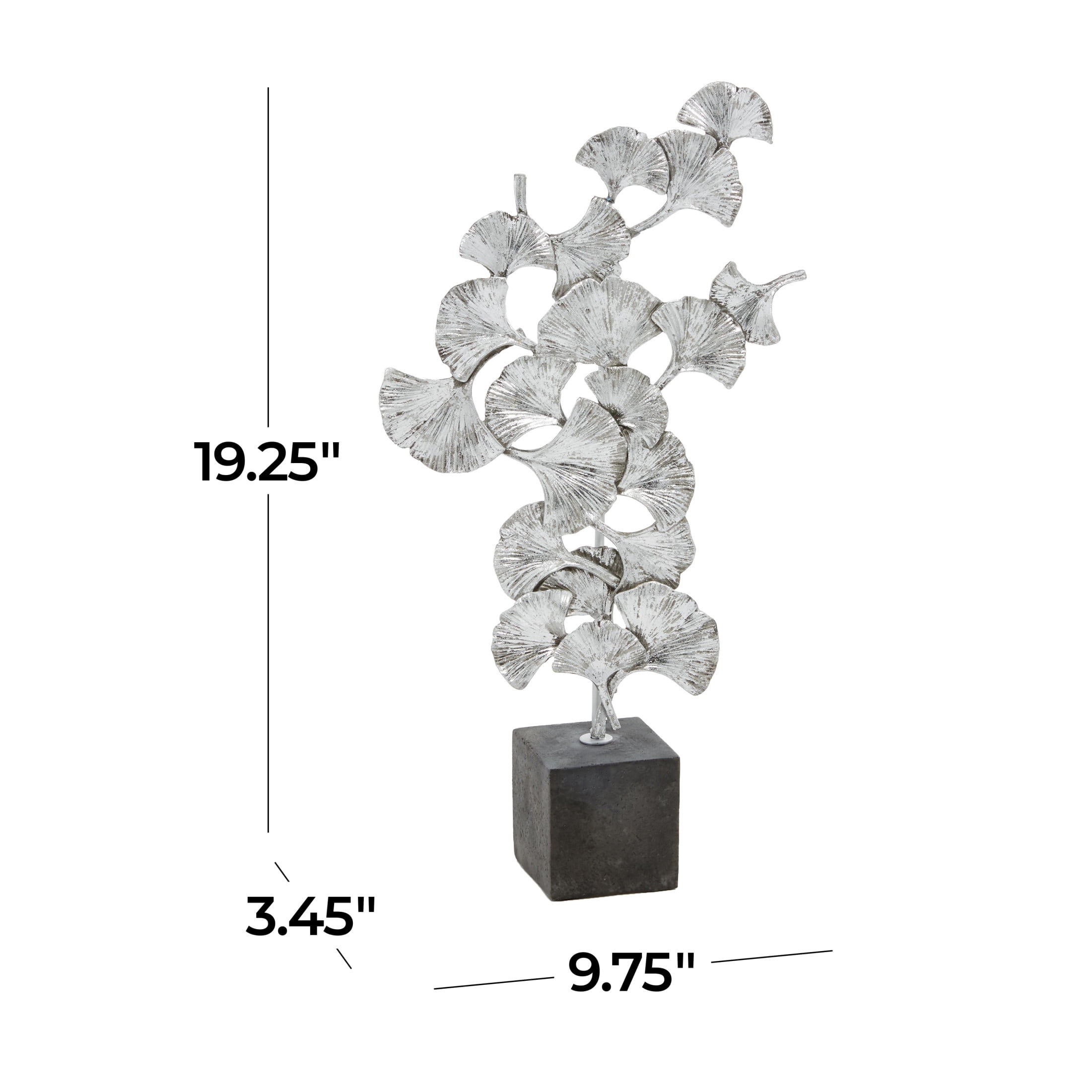 10" x 19" Silver Polystone Handmade Floral Sculpture with Black Block Base, by DecMode