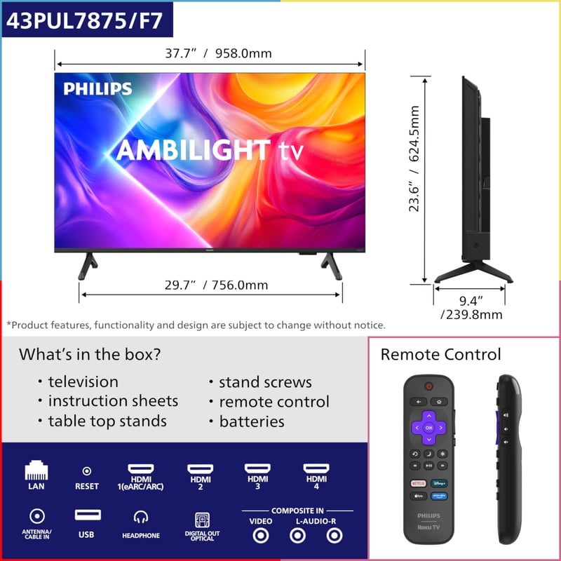 Philips 43" Class 4K UHD Ambilight Roku Smart TV (43PUL7875/F7) color options
