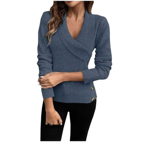 Womens Casual Long Sleeve Sweaters, Slim Fitting Wrap V Neck Shawl Collar Warm Knit Elegant Pullover Sweater Blouse Tops Blue XL