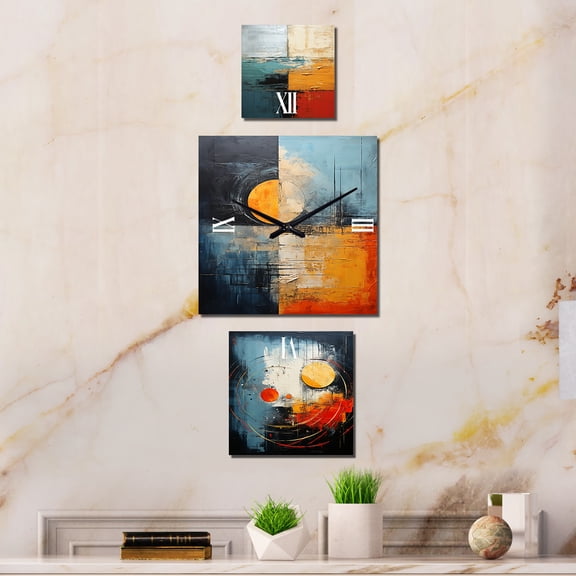 Designart "Abstract Tastes in Red and Blue" Abstract Shapes Oversized Wall Clock - Set Of 3 - Extra large Clock For Office Décor - Large Contemporary Wall Clock