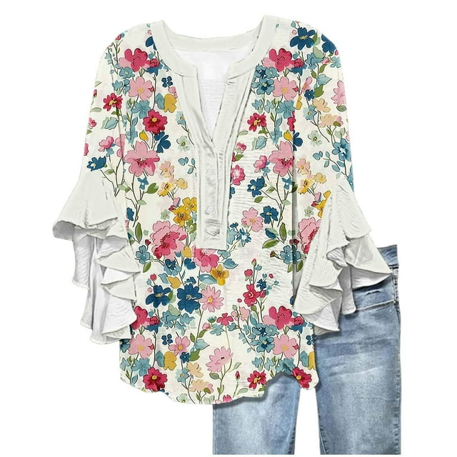 WZXFASHION Womens Tops 3/4 Length Sleeves Floral Shirts Flowy Ruffle Sleeve Tops Half Button Down Shirt Summer V Neck Blouse Clearance Sales Today Deals Prime Women's Long sleeve T-shirt