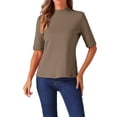 thumbnail image 1 of Camisetas de media manga INSPIRE CHIC para mujeres, blusa de cuello alto, blusas casuales, tops sólidos elásticos y suaves de longitud hasta el codo, XL color camello, 1 of 6